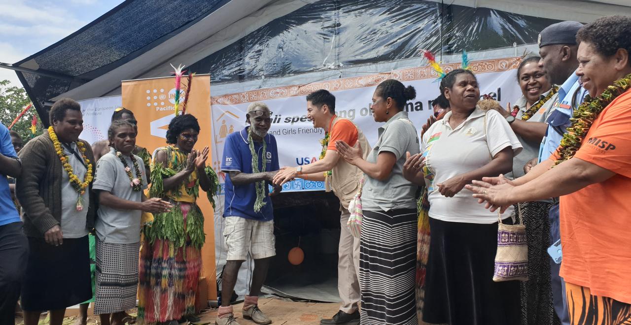 UNFPA Director, Iori Kato joining the community launch of Vanuatu’s first ever Women and Girls Friendly Space in Lenaken village, Tanna island.