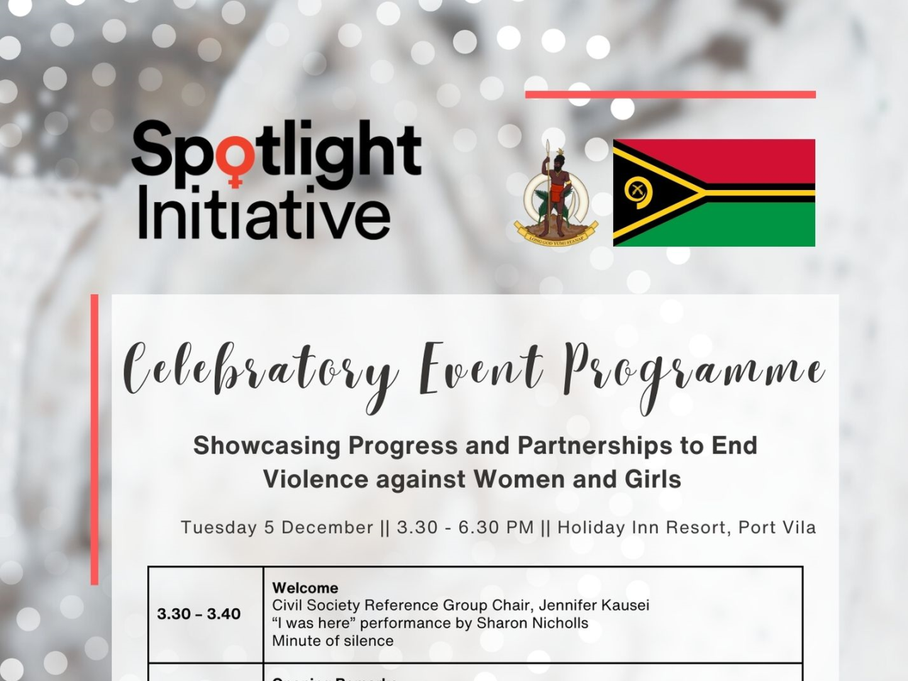 The image include the logos of Vanuatu flag and coat of arms and the programme of the event.