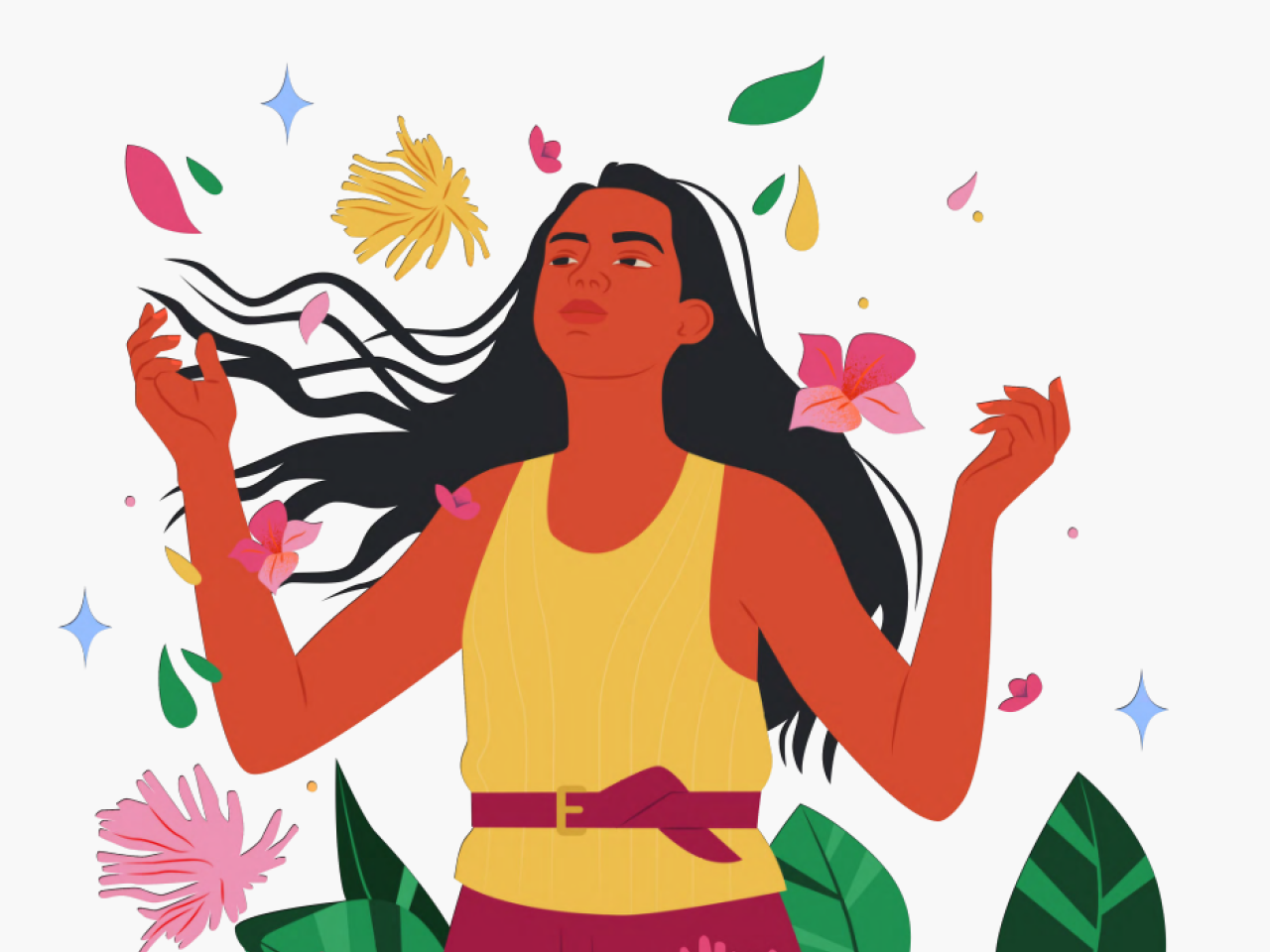 Illustration of woman with free flowing hair surrounded by flowers blowing in the wind