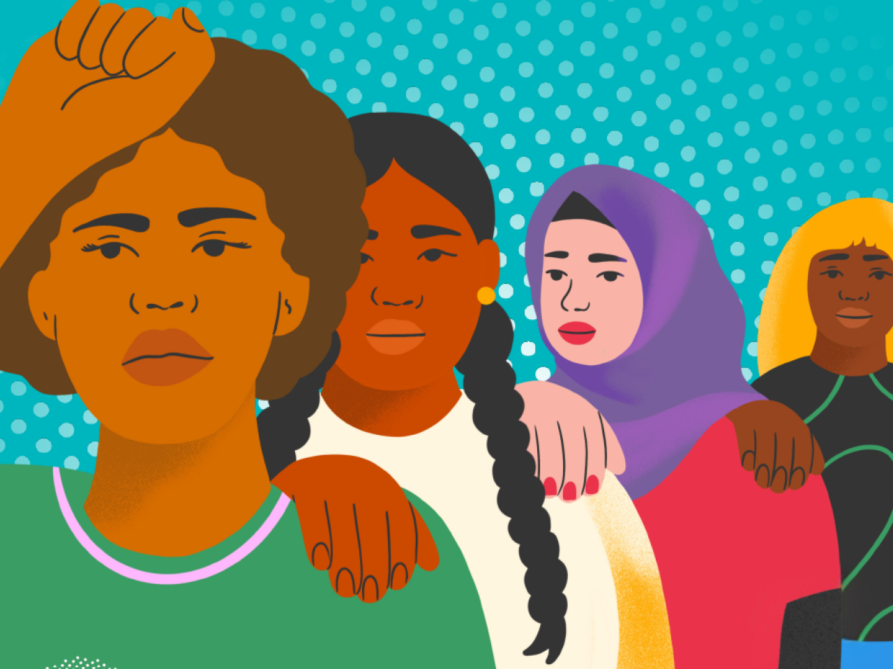 Illustrations of four women with hands on each others shoulders