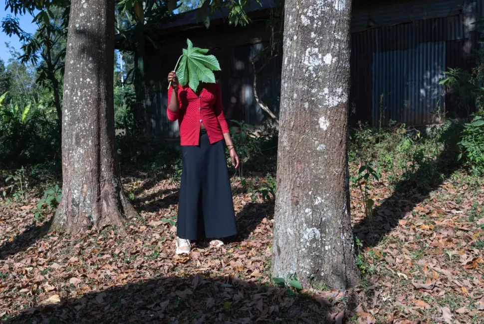 Girl under tree holding leaf to cover face
