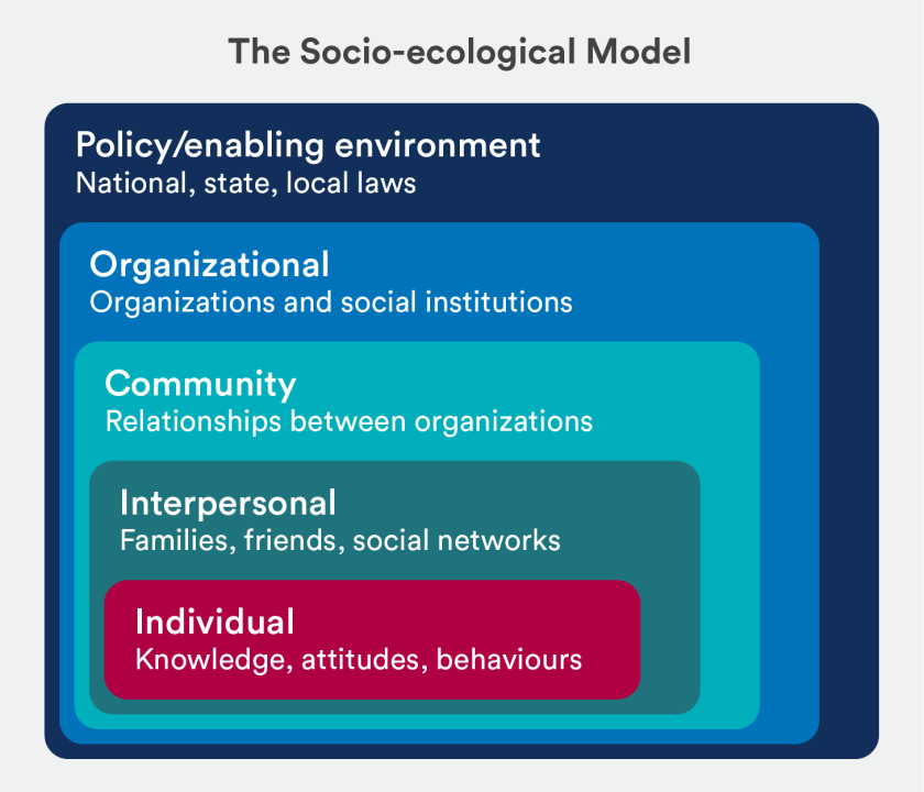 The socio-ecological model. Policy/enabling environment (national, state, local laws). Organizational (organizations and social institutions). Community (relationships between organizations). Interpersonal (families, friends, social networks). Individual (knowledge, attitudes, behaviours).