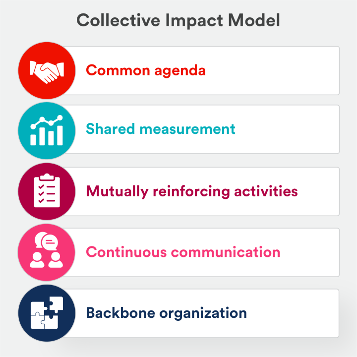 Collective Impact Model. Common Agenda, shared measurement, mutually reinforcing activities, continuous communication, backbone organization.