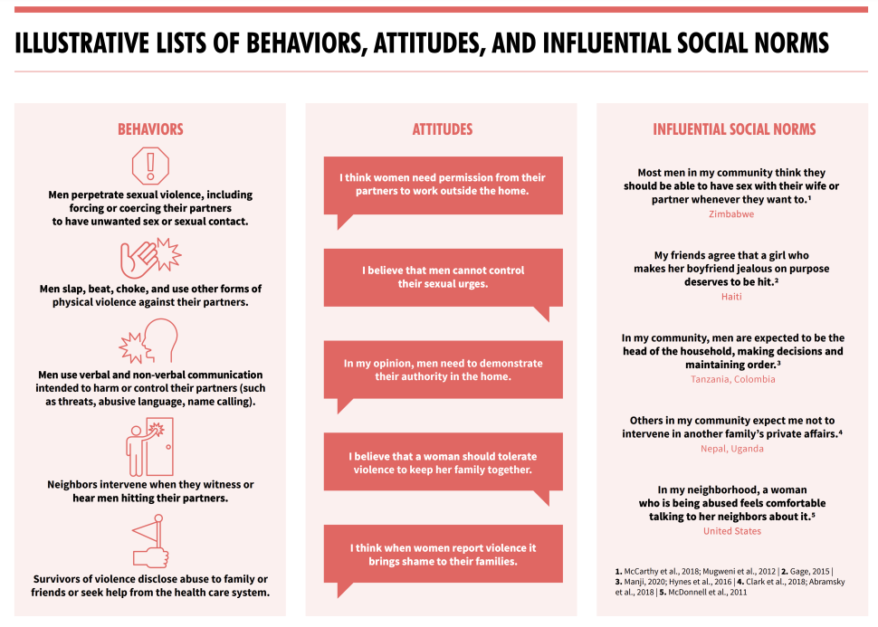 Illustrative lists of behaviours, attitudes and social norms on VAWG