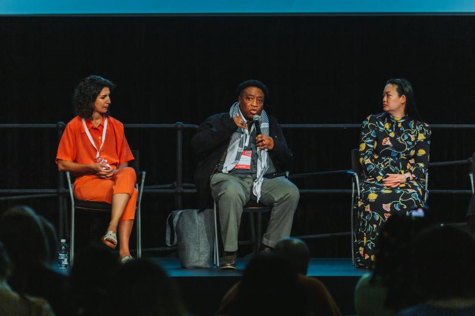 L-R: Chayn Head of Product Nadine Krishnamurthy-Spencer; Sonke Gender Justice Co-Executive Director Rev. Bafana Khumalo;  Activist and Astronaut Amanda Nguyen. Photo: Ricky Kas Kale Kas