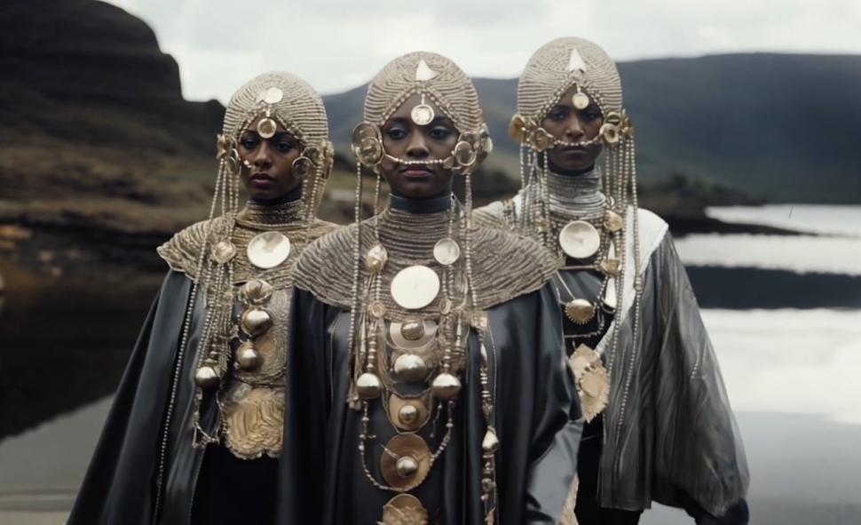 Three women in ornate headwear 