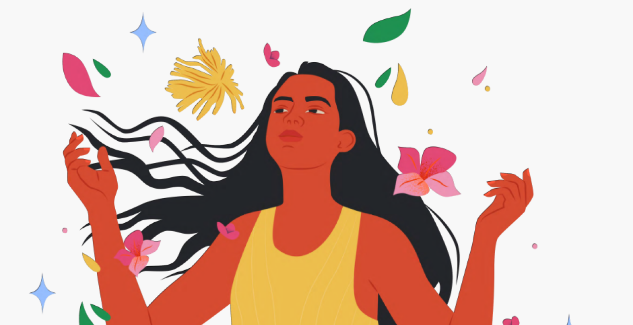 Illustration of woman with free flowing hair surrounded by flowers blowing in the wind