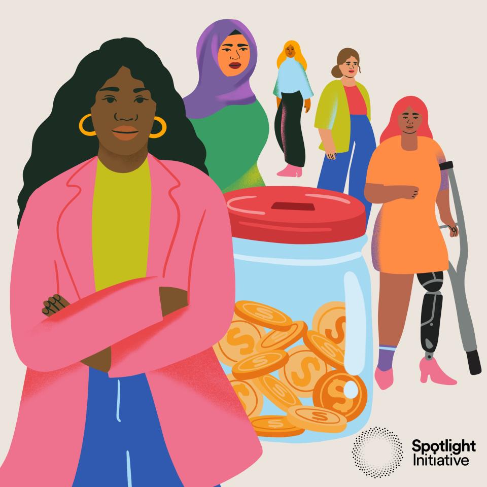 Diverse women stand in front of jar filled with coins