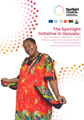 A woman smiling in vanuatu women's dress in the center, with Spotlight Initiative logo, the coat of arms of Vanuatu and Vanuatu flag