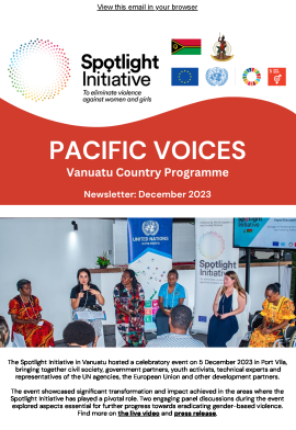 The title page of the newsletter with the logos of the Spotlight Initiative, Vanuatu flag and coat of arms
